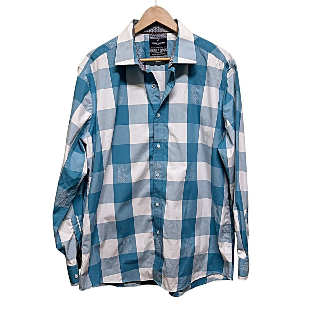 Daniel Hechter Paris Non Iron Turquoise White Bold Check Cotton Shirt Size XL